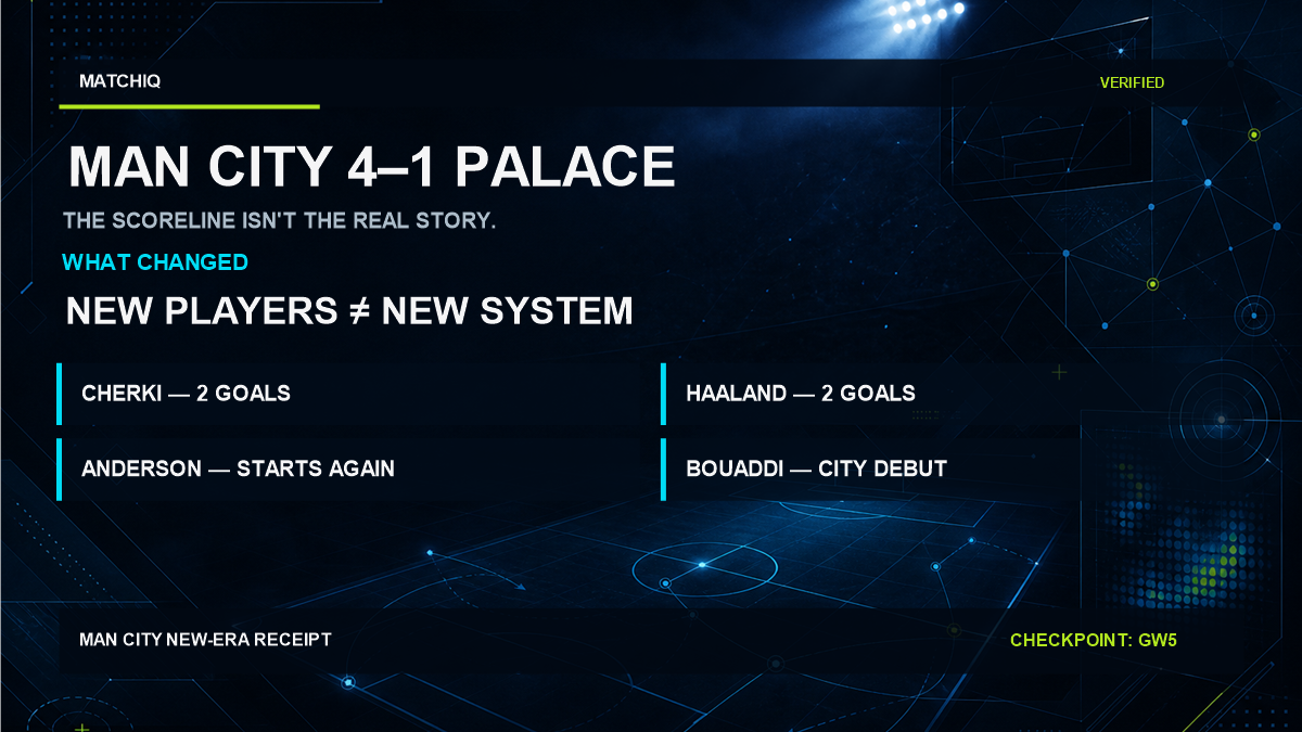 MATCHIQ Manchester City new-era intelligence graphic focused on Rayan Cherki, Elliot Anderson and Enzo Maresca after the 4–1 win at Crystal Palace, with a GW5 New-Era Receipt.