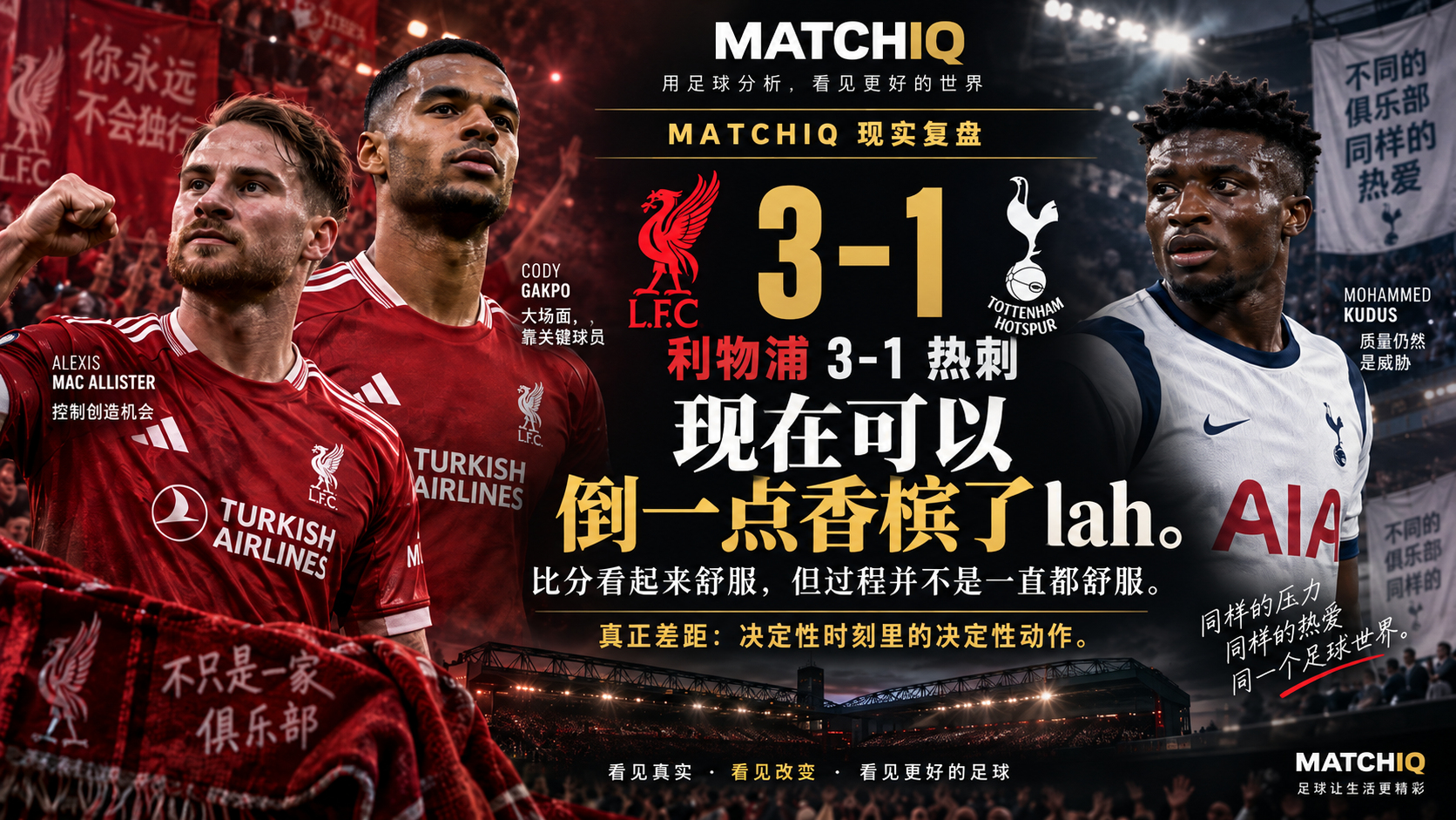 Liverpool 3–1 Tottenham MATCHIQ Reality Check 赛后分析图，展示Mac Allister、Gakpo及Kudus。