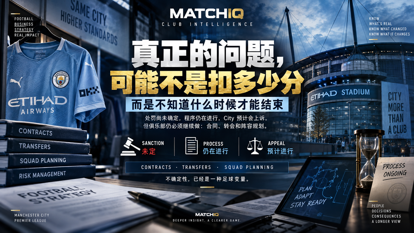 Manchester City executives and players in a MATCHIQ Club Intelligence visual examining how uncertainty around the Premier League financial case could affect contracts, transfers and long-term football planning before any final sanction is resolved.