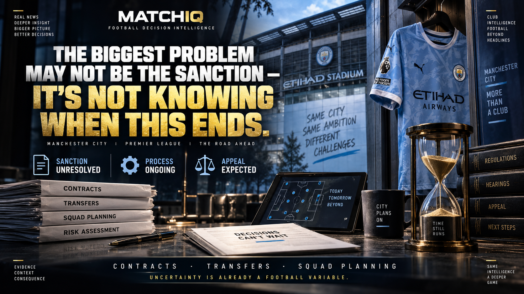Manchester City in a MATCHIQ Club Intelligence visual examining whether uncertainty around the Premier League financial case could affect contracts, transfers and long-term football planning before any final sanction is resolved.