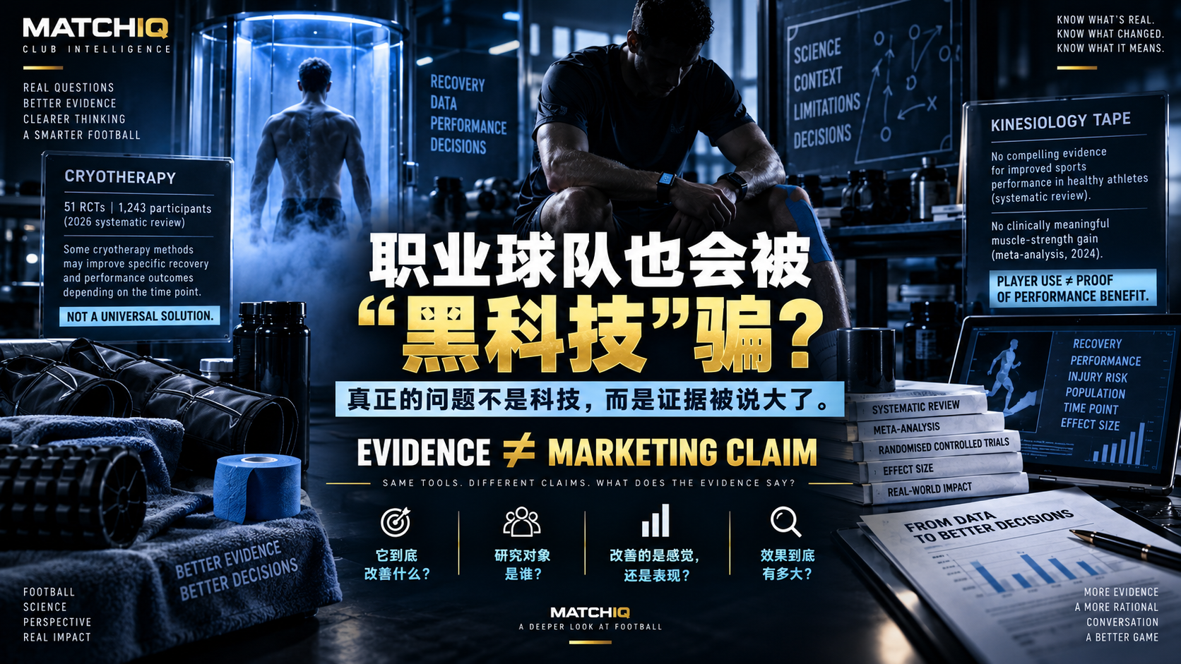 MATCHIQ Football Intelligence visual examining pseudoscience and evidence inflation in professional football, comparing sports-science claims around recovery technology, cryotherapy and kinesiology tape with the actual strength of research evidence.