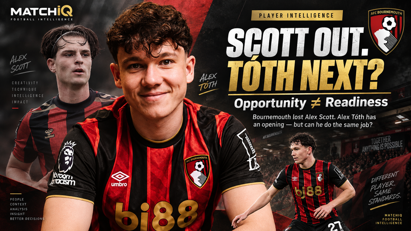 Bournemouth midfielders Alex Scott and Alex Tóth illustrating the selection decision following Scott's thigh injury in October 2026.