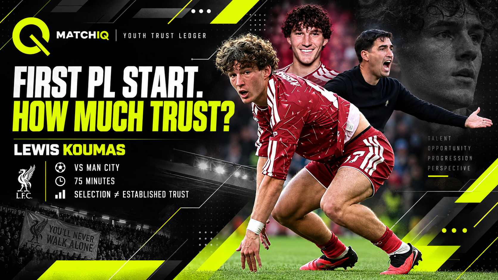MATCHIQ graphic featuring Lewis Koumas in Liverpool red, with Andoni Iraola and a first Premier League start headline.