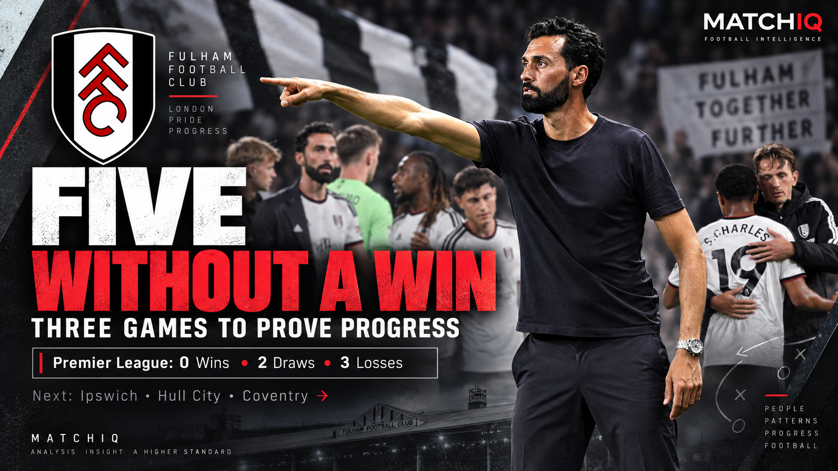 Fulham manager Álvaro Arbeloa and the club's next three Premier League opponents — Ipswich Town, Hull City and Coventry City — following five winless league matches.